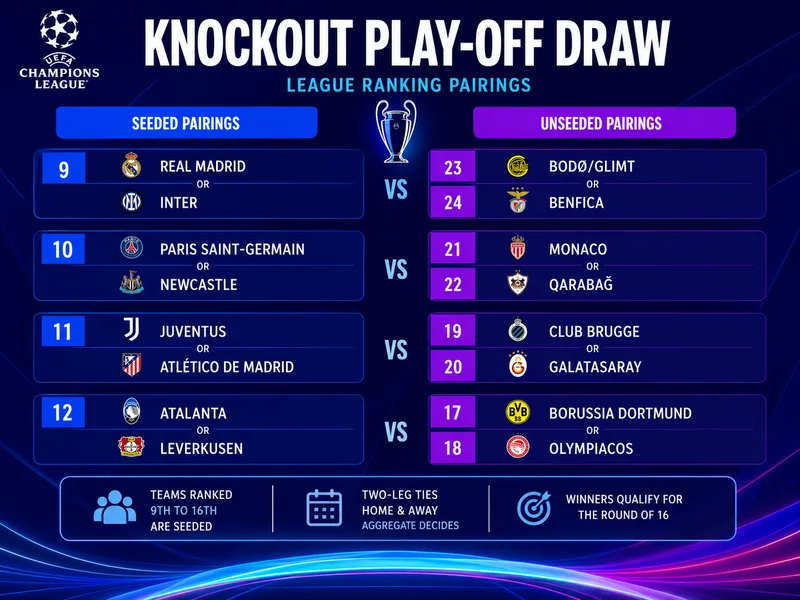 Top 8 vào thẳng vòng 16 đội, hạng 9–24 đá play-off và nhóm 25–36 bị loại khỏi cúp châu Âu.
